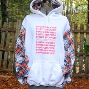 PHOTOGRAPHER Preme Upcycled Reconstructed Hoodie Sweatshirt XL Plaid Sleeves